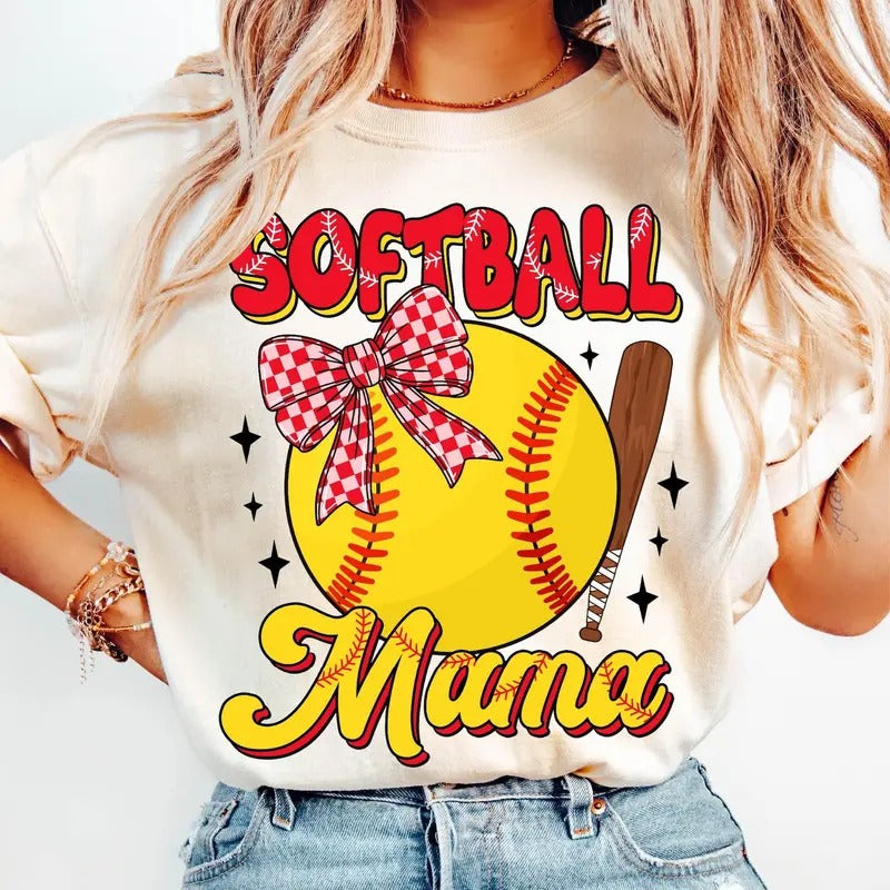 Softball Mama T-Shirt, Retro Softball Mama T-Shirt, Softball Coquette T-Shirt, Game Day Softball Bow T-Shirt, Softball Sports Shirt T-Shirt