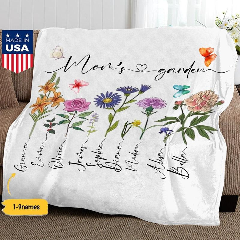 Custom Mom's Garden Blanket, Mom Blanket with Kids Name, Custom Birth Flower Blanket, Gift for Mom from Daughter/Son, Mother's Day Gifts for Mom