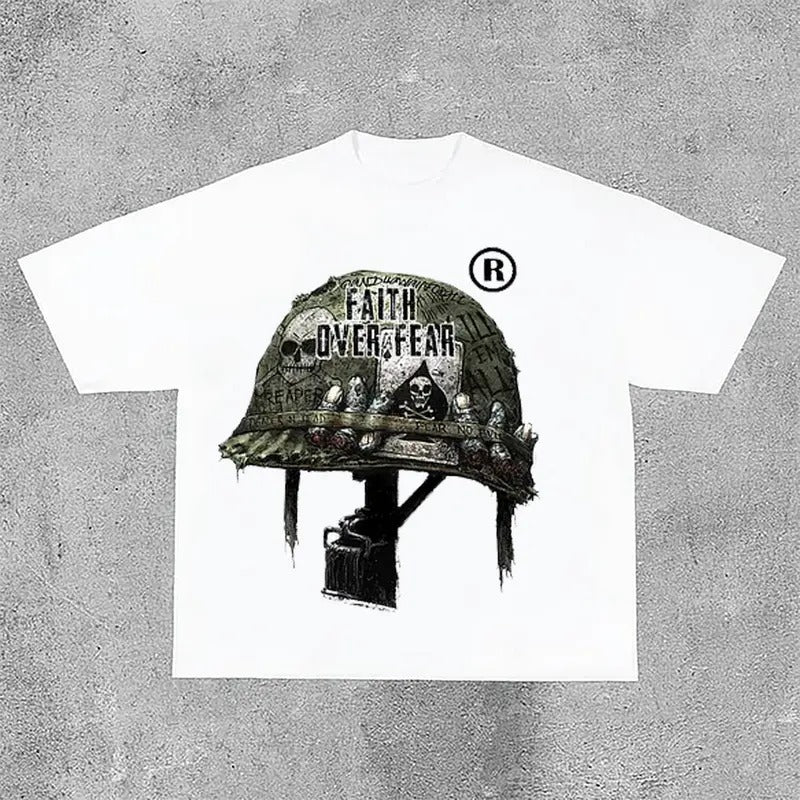 Sopula War Helmet Faith Over Fear Graphic Print Cotton T-Shirt