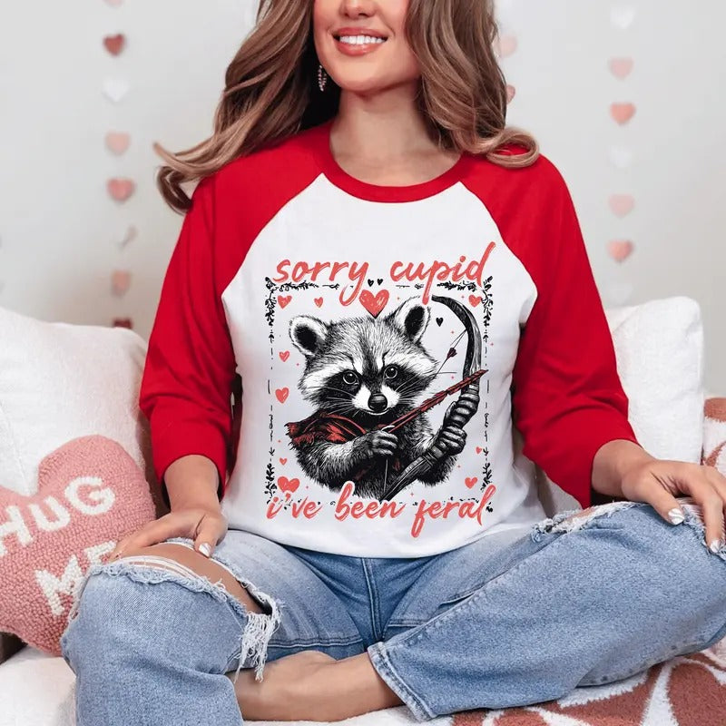 Sorry Cupid I've Been Feral Unisex Valentine's Day Shirt - Cute Racoon Graphic Tee - Unisex Short sleeve or Long sleeve Shirt