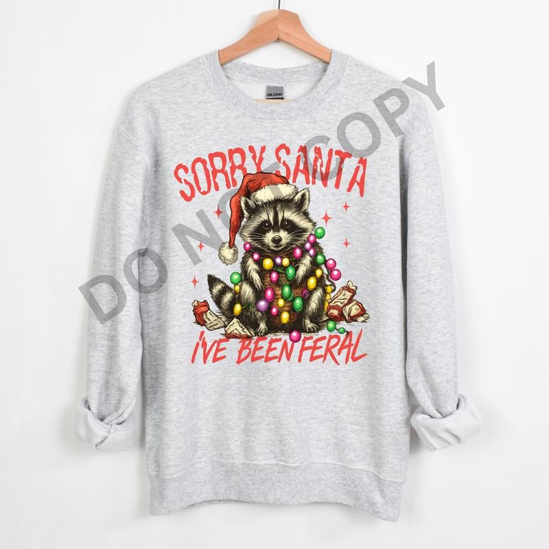 Sorry Santa I've Been Feral Cotton Casual Crewneck Sweatshirt Hoodie Women's Graphic Top Pullover Streetwear Style Vintage Crew Neck Comfortable Machine Washable style 02