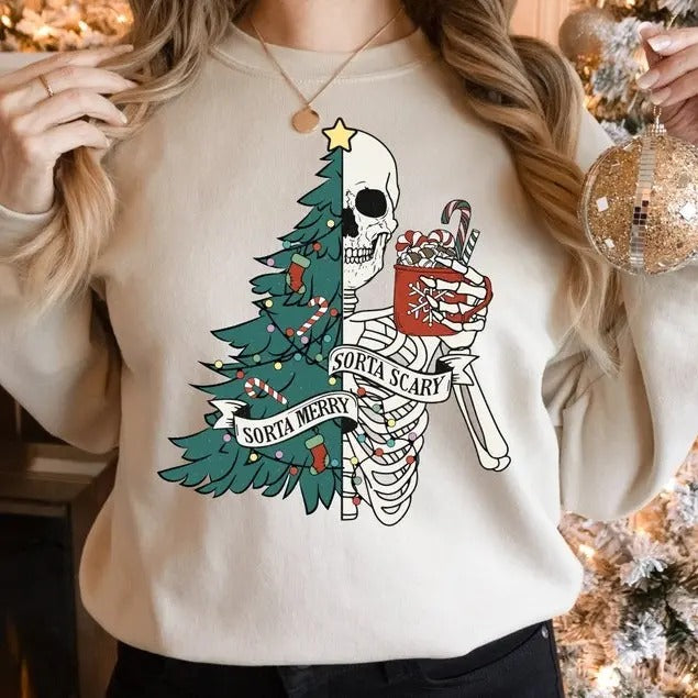 Sorta Merry Sorta Scary Sweatshirt, Funny Christmas Shirt, Cute Spooky Season Sweater, Custom Christmas Skeleton Shirt, New Year Shirt