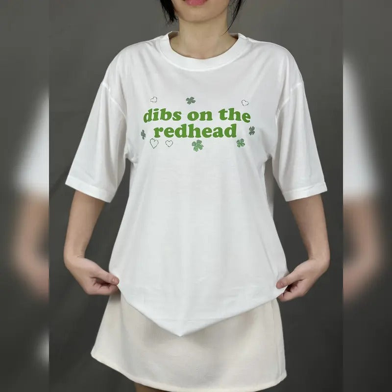 St Patrick's Day Gliter T-Shirt, Dibs On The Redhead Gliter Shirts Funny St Patty Day, Green St Paddy Shirt Luck of Irish Day Gliter T-Shirt