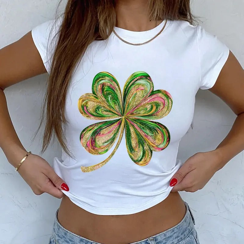 St. Patrick_s Day Graphic Shamrock Baby Tee, Four Leaf Clover Graphic Gift, St. Patty_s Day Sequin Style Baby Tee, DTF Transfer for Crafts