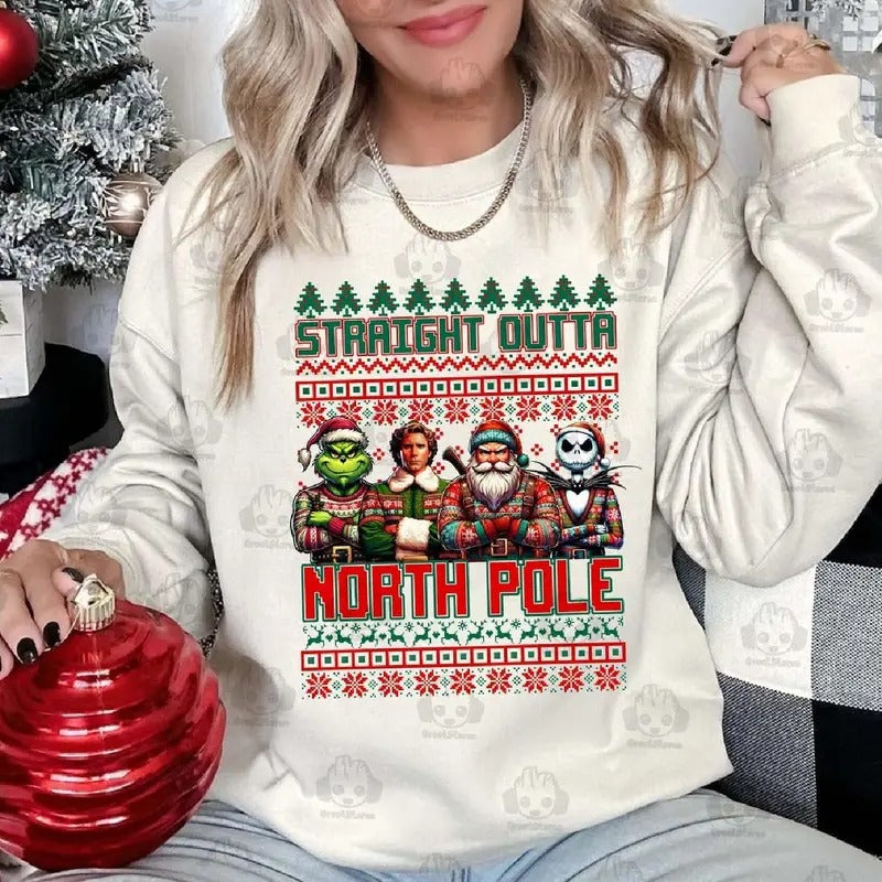 Straight Outta North Pole Christmas Movies Friends Shirt, Grnnch Santa Clause Elf Ugly Sweatshirt Shirt, Vintage Christmas Tshirt