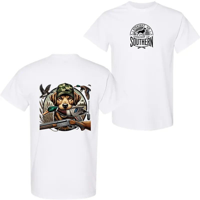 Straight Up Southern Duck Hunting T-Shirt - Camo DRG Hunting Dog Graphic for Outdoor Adventure, Soft and Stylish Tee for Hunting Enthusiasts