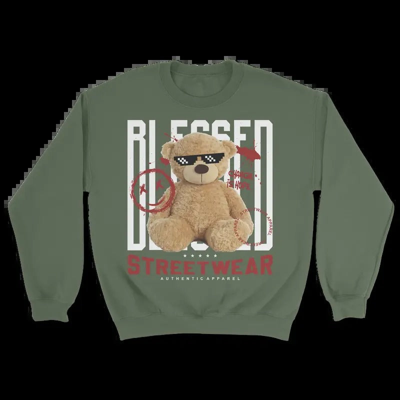 Streetwear Blessed Bear - Oversized Sweatshirt - Comfortable 100% Cotton - Graphic Sweatshirt Menswear