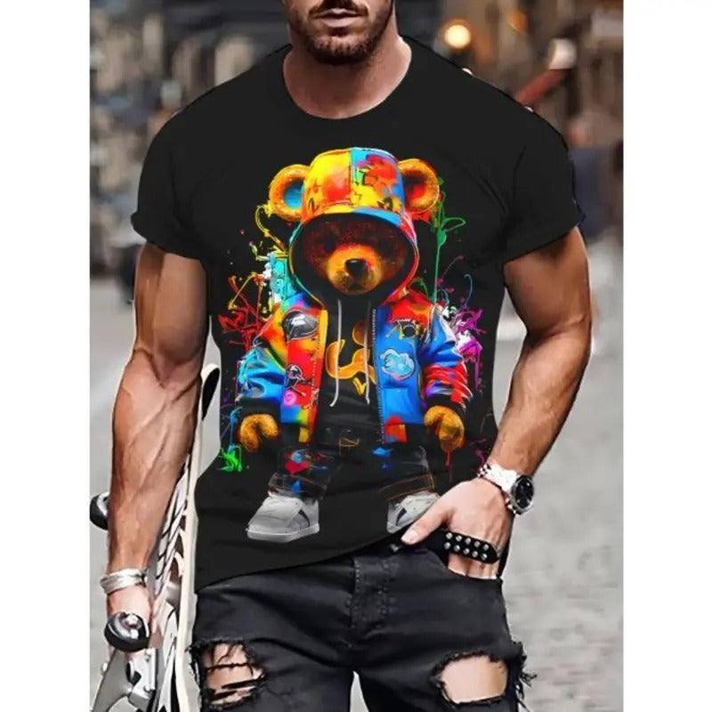 Stylish Bear Print T-Shirt for Men - Soft, Breathable Polyester, Machine Washable, Round Neck, Casual Fashion Tee with 3D Design Made In USA