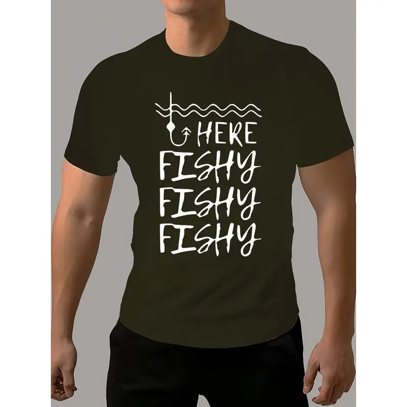 Stylish Fish Hook Print Crew Neck Tee - Men's Summer Fashion T-Shirts for Outdoor Activities - Short Sleeve, Casual, Letter Print "HERE FISHY FISHY" Design, Breathable, Comfortable, Ideal for Beach, Hiking, Camping Made in USA