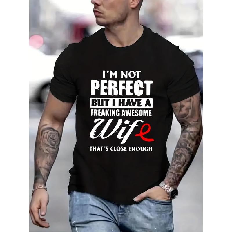 Stylish Letter Print Casual T-Shirt for Men - Soft, Slightly Elastic, Round Neck, Comfortable Fit for Summer and Autumn - Perfect for Everyday Wear made in usa