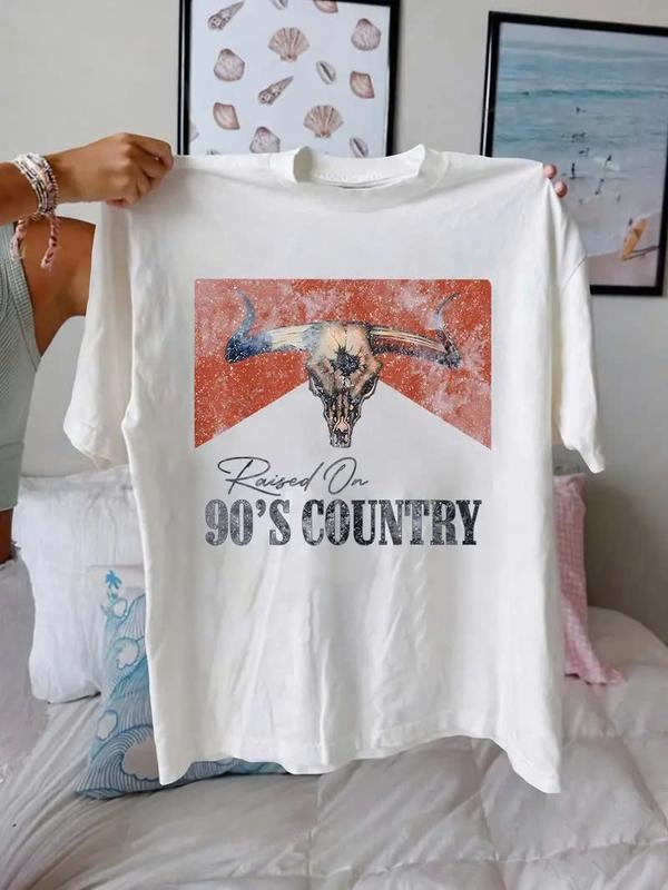 Women's Retro '90s Country Graphic Tee - Short Sleeve Crew Neck Casual Top with Bull Skull Design, Mint Green, Spring/Summer Collection, Spring Summer Clothing | Retro Graphic Tee | Durable Casualwear, Novelty Tee Shirts Cotton Fabric
