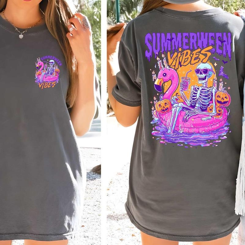 Summerween Vibes Shirt 2 Sides, Funny Skeleton Float Halloween in Summer Shirt, Trendy Sublimation Spooky Flamingo Pool Ghost Pumpkins Creepy Shirt