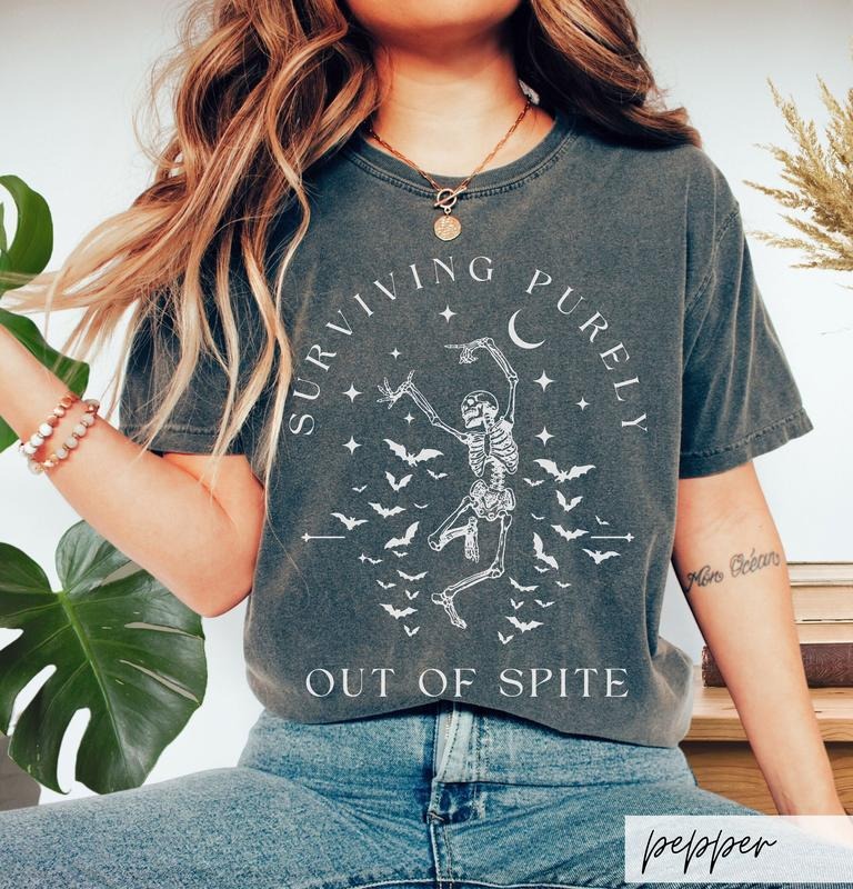 Surviving Purely out of Spite Comfort Colors Shirt, Funny Goth Celestial Skeleton and Bats Shirt, Bat Lover Gothic Boho Garment Dyed T-Shirt