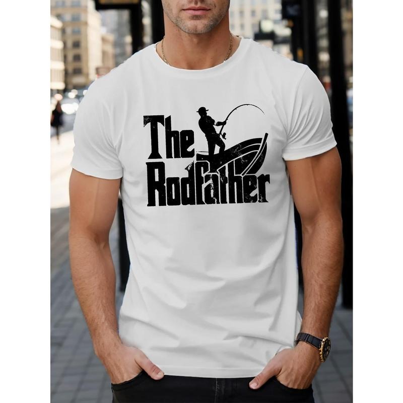 THE ROD FATHER Creative Fishing Father Logo Design, Men's Crew Neck Short Sleeve T-shirt, Casual Comfy Lightweight Top For Daily And Outdoor Wear Made in USA
