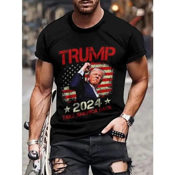 TRUMP And American Flag Pattern And TRUMP TAKE AMERICA BACK Letter Print Crew Neck And Short Sleeve T-shirt, Summer Top For Men's Casual Outings Made in USA