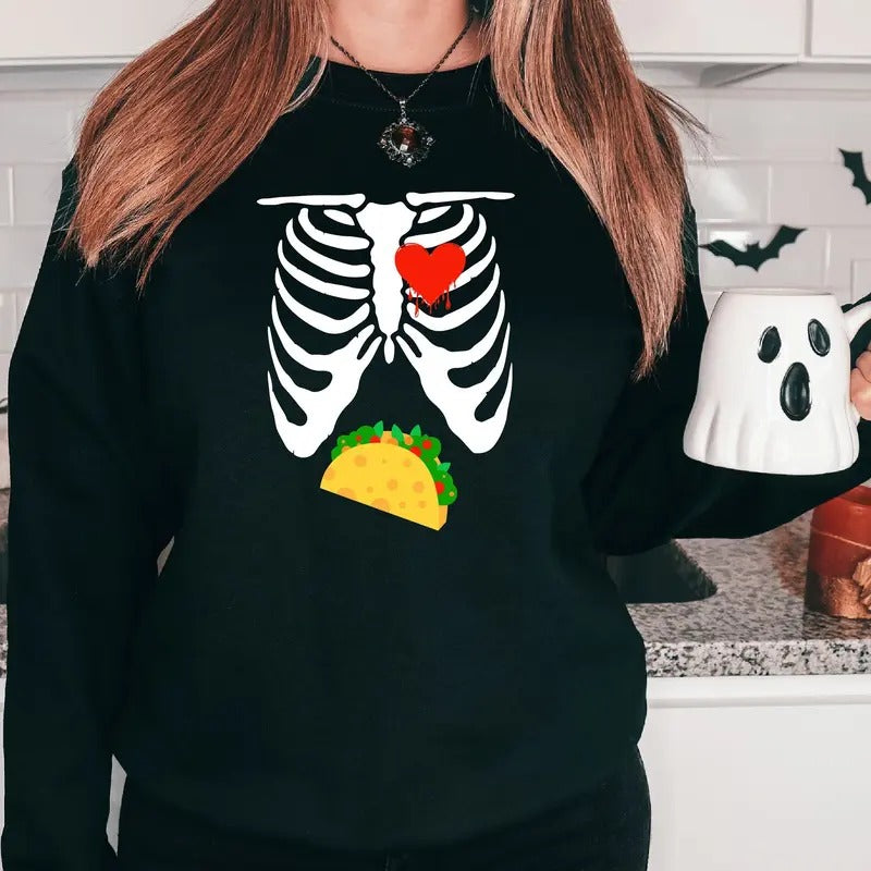 Taco Skeleton Sweatshirt, Taco Lovers Gift Hoodie, Funny Halloween Party Sweater, Spooky Mexican Hoodie.