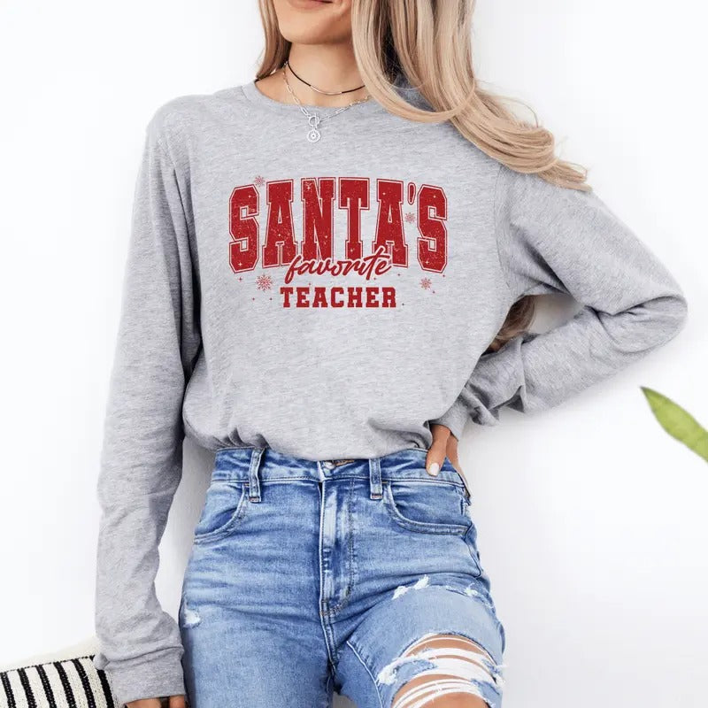 Teacher Holiday Shirt - Santa's Favorite Teacher Christmas Unisex Shirt - Holiday Graphic Tee, Soft Unisex Short sleeve or Long sleeve Shirt