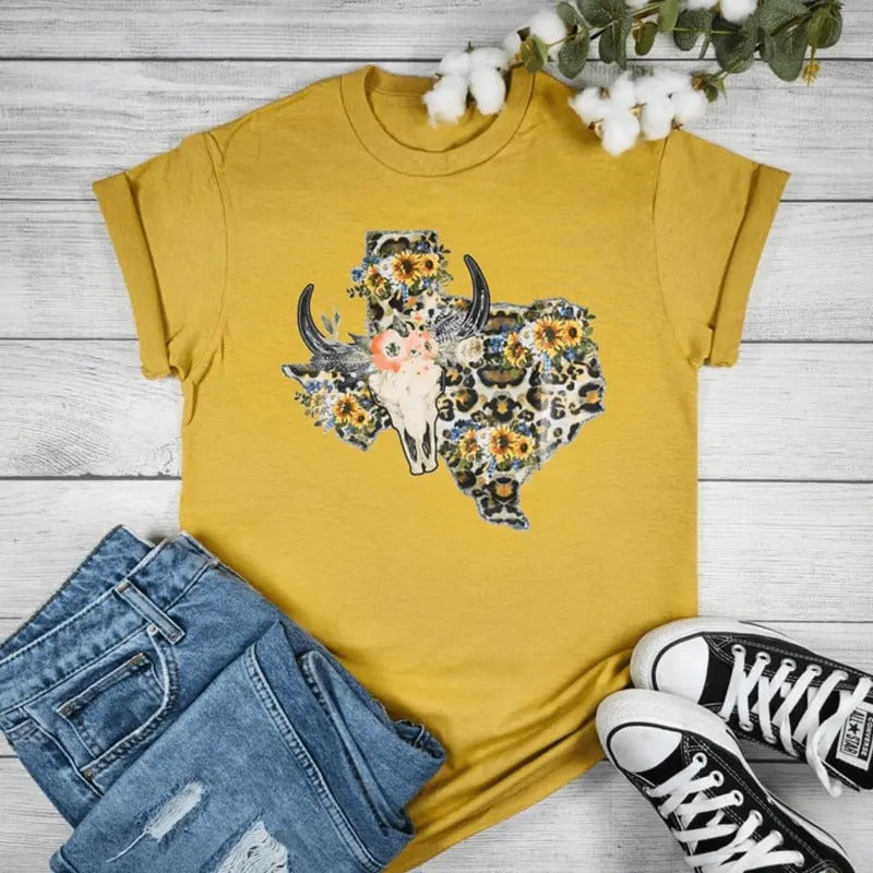 Texas Cheetah Sunflower with Cow Skull Graphic T-shirt