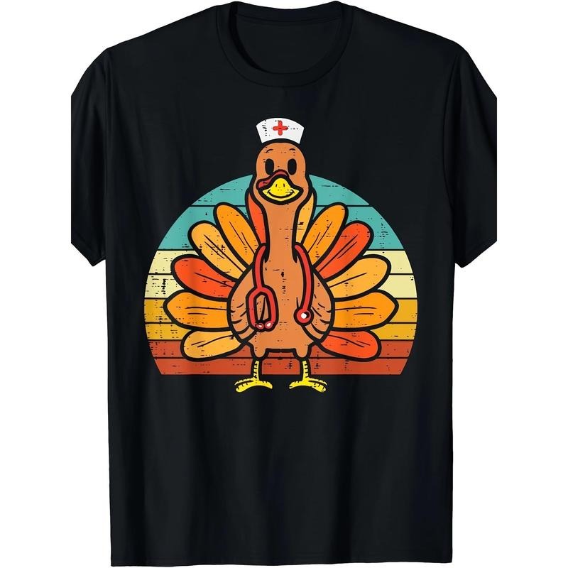 Thanksgiving Turkey Nurse Stethoscope Graphic T-Shirt - Cotton Casual Crew Neck Tee for Men, Universal Fit for All Seasons, Ideal for Festive Occasions and Sports Activities Made in USA