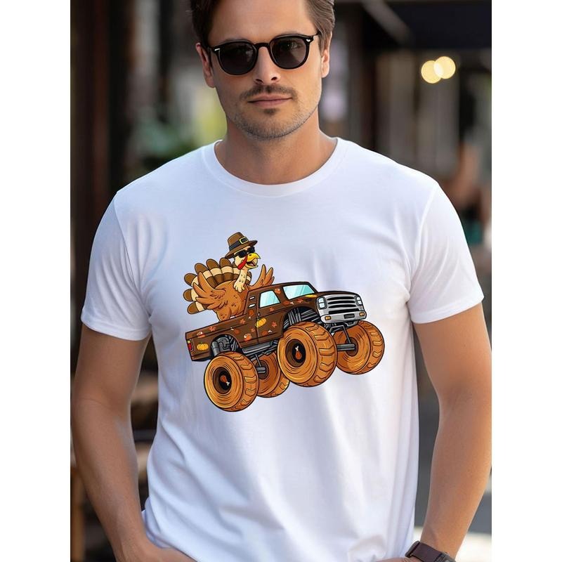 Thanksgiving Turkey Riding Monster Truck Men's Cotton Printed T-shirt made in usastyle{n002}3