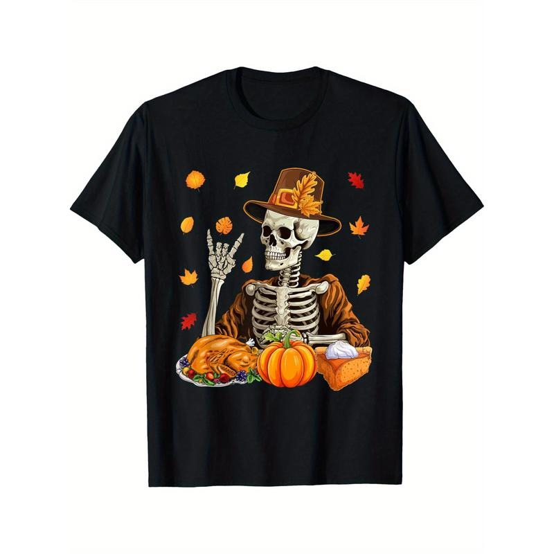 Thanksgiving X-ray Skeleton Funny Rock Hand Fall Leaves T-Shirt T-shirt Comfortable, Casual Short Sleeve, Daily Wear, All Season, Black, Men 220g made in usa