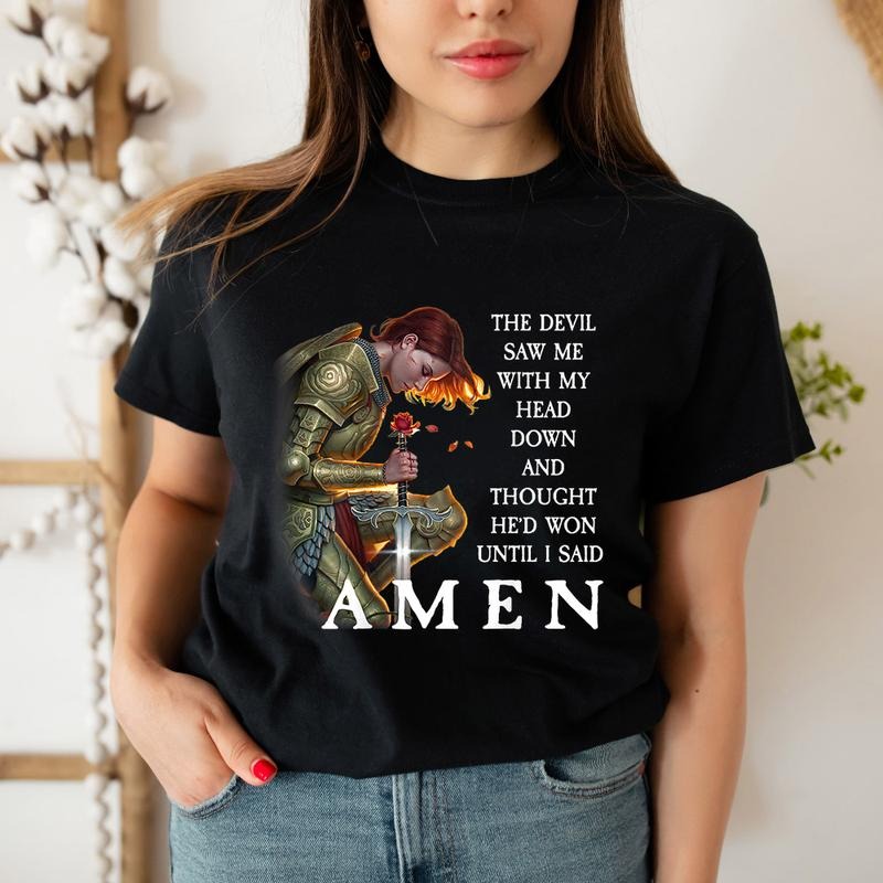 The Devil Saw Me With My Head Down and Thought He'd Won Until I Said Amen T-Shirt Casual Style Crew Neck Short Sleeve T-Shirt Tops Trendy for Unisex, Perfect Gift