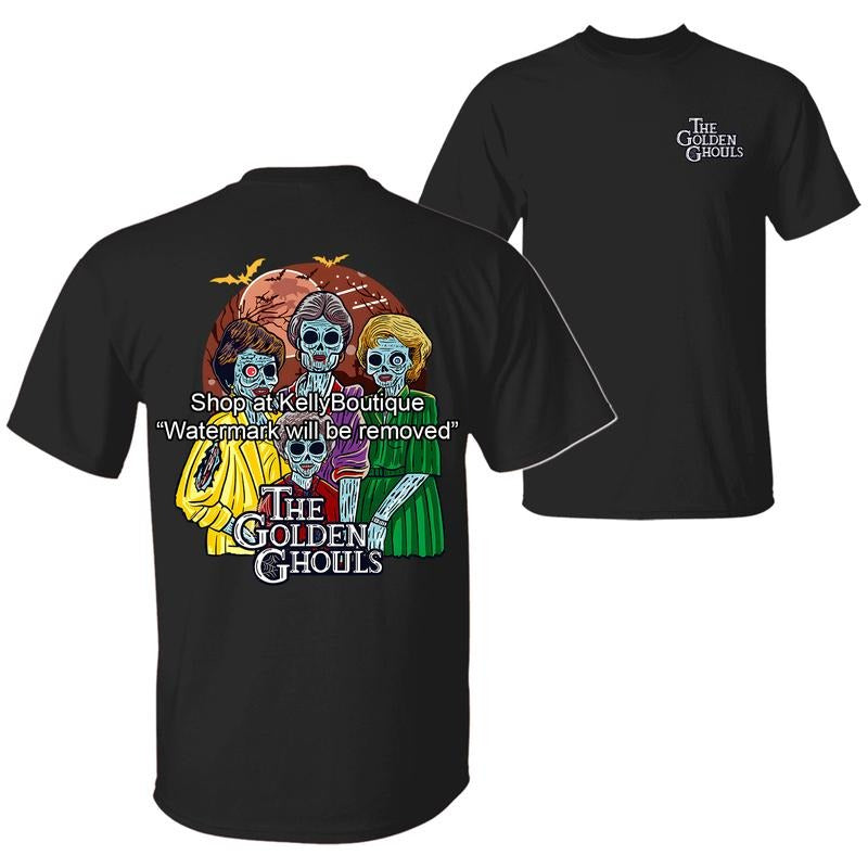 The Golden Ghouls Halloween T-Shirt, Trendy Halloween Spooky Season 2 Sided Graphic Design Unisex Cotton T-shirt for Men for Women Menswear Womenswear Top