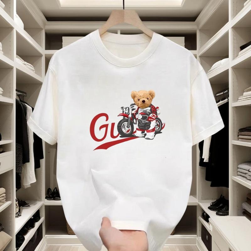 The Little Bear Riding the Motorcycle Is Cool, the Red Letters Are Eye-Catching, and the Trend Is Very Popular. Pure Cotton Material, Comfortable and Versatile, Showing Personality Street Style