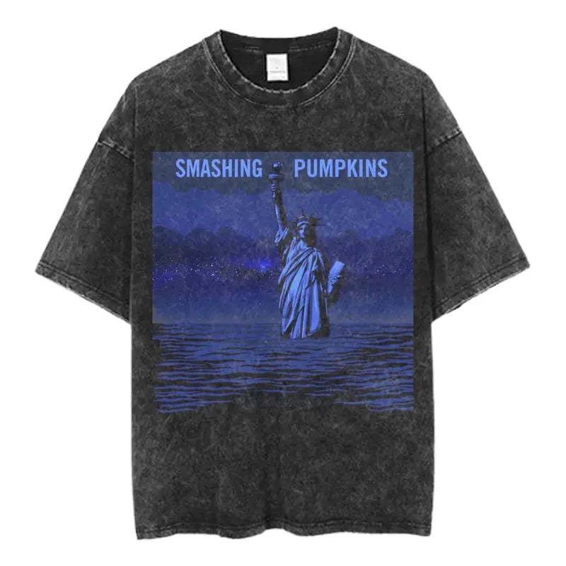 The Smashing Pumpkins Graphic Tee, Vintage 90s Rock Band T-Shirt, Grunge Music Streetwear, Statue of Liberty Album Art, Distressed Black Shirt, Unisex Band Merch