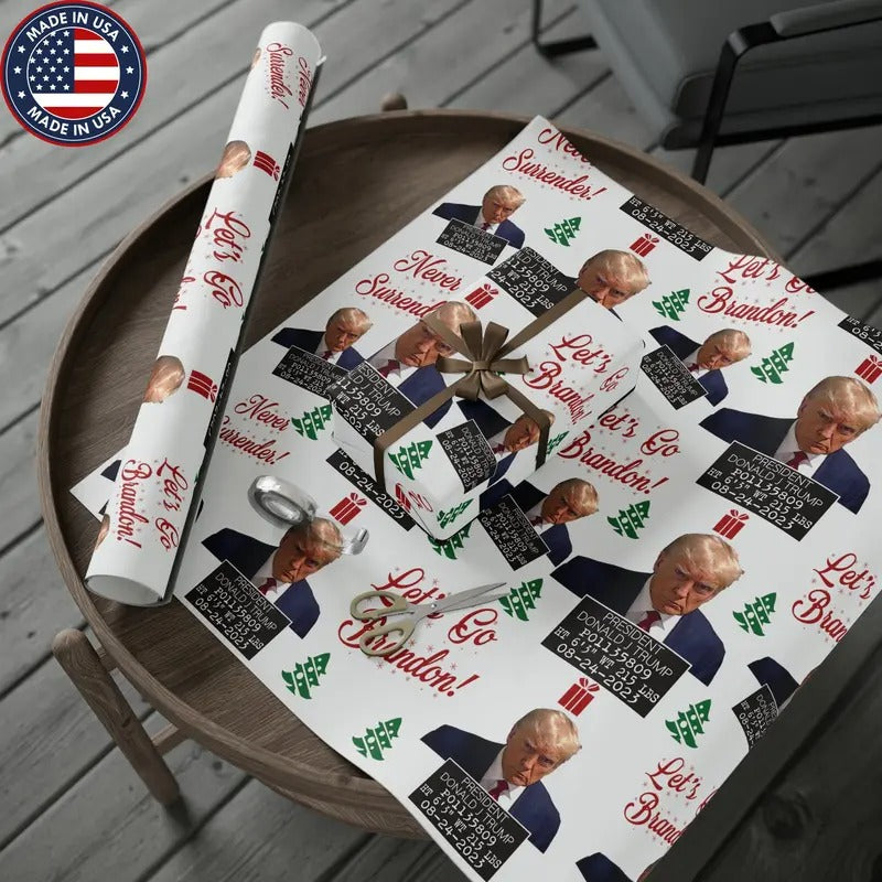 The Trump Mugshot Gift Wrap - Let's Go Brandon Gift Wrap - Santa Trump 2024 Never Surrender Wrapping Paper
