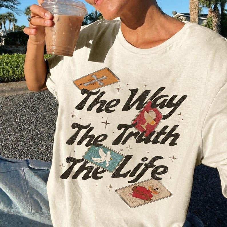The Way The Truth The Life Shirt, John146 bible T Shirt, Christian Religious Tee, Bible Verse, Love Like Jesus Casual Cotton Crewneck Classic Collar