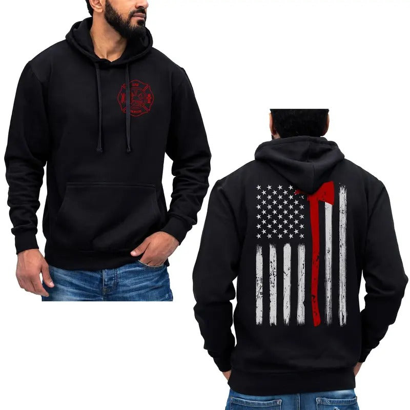 Thin Red Line Flag Axe Design USA Firefighter Hoodie Sweatshirt Cotton Fabric