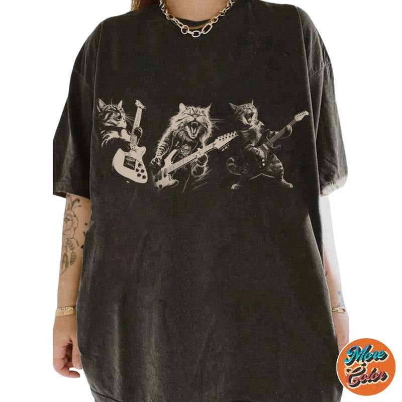 Three Cat Playing Guitar Vintage 90s Style Rock Shirt, Retro Funny Guitar Cat T-Shirt, Rock Lovers, Rocker Gifts Shirts, Cotton Unisex T-shirt, Crew Neck, Size S- 3XL, Menswear Top, Womenswear Top Underwear Streetwear