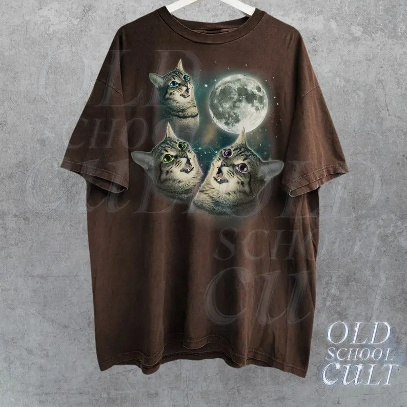 Three Cats Vintage 90s Graphic T-shirts, Retro Cat Moon Tshirt, Kitten Lovers, Funny Galaxy Tee, Unisex Washed Tee, Funny Meme T Shirt