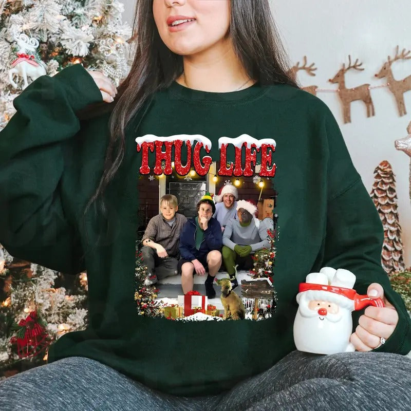 Thug Life Character Xmas Christmas Sweatshirt, Character Movie Xmas Sweatshirt Funny Christmas Sweatshirt, Cozy Green Christmas Sweater