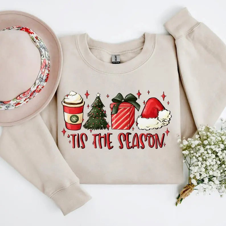 Tis the Season Christmas Sweatshirt, Christmas Coffee Shirt, Funny Christmas Crewneck Festive Holiday Tshirt Christmas Sweater Hoodie Menswear