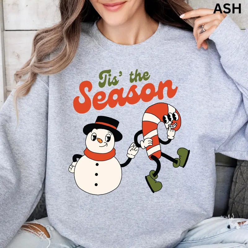 Tis the Season Snowman and Candy Cane Crewneck, Christmas Sweatshirt, Holiday Christmas Sweatshirt, Winter Season Graphic, Casual Cotton Crewneck, Polyester, Oversized