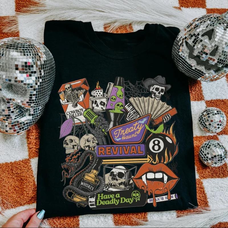 Treatyween Halloween shirt, vintage halloween western graphic tees, western outfits women, women's graphic tees clothes, western clothing, cowgirl outfits stuff, country concert outfits, western tops clothes