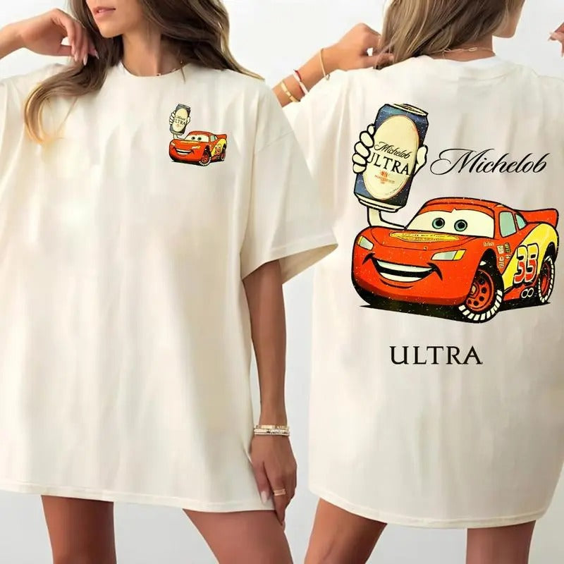 Trending Michel0b Ultra Lightning MC Qu33n Funny Car Unisex Cotton Fitted T-shirt 2 sides, Gift for Beer Lovers, Gift for Her & Him Top Womenswear