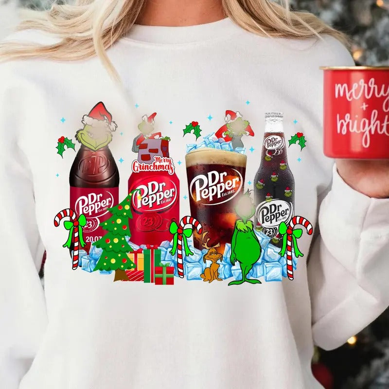 Trendy Christmas Shirt for Men and Women: G.r.i.n.c.h Era Sweatshirt with Dr Pepper Design - Fabric, Pullover