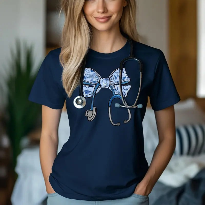 Trendy Nurse Essential Cute Floral Stethoscope Bow Nurse Ribbon T-Shirt Casual Comfort