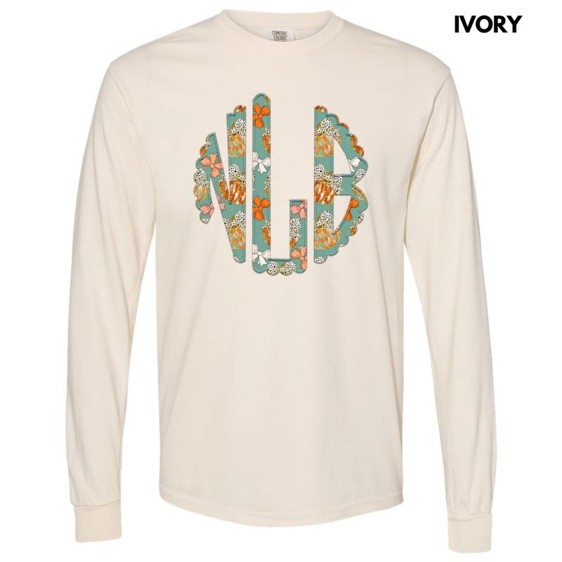 Trendy Pumpkin & Bow Monogram Long Sleeve Comfort Colors T-Shirt 'NLB'
