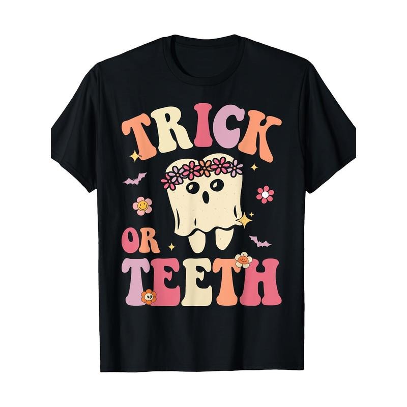 Trick Or Teeth Ghost Dental Halloween Treat Dentist T-Shirt Made in USA