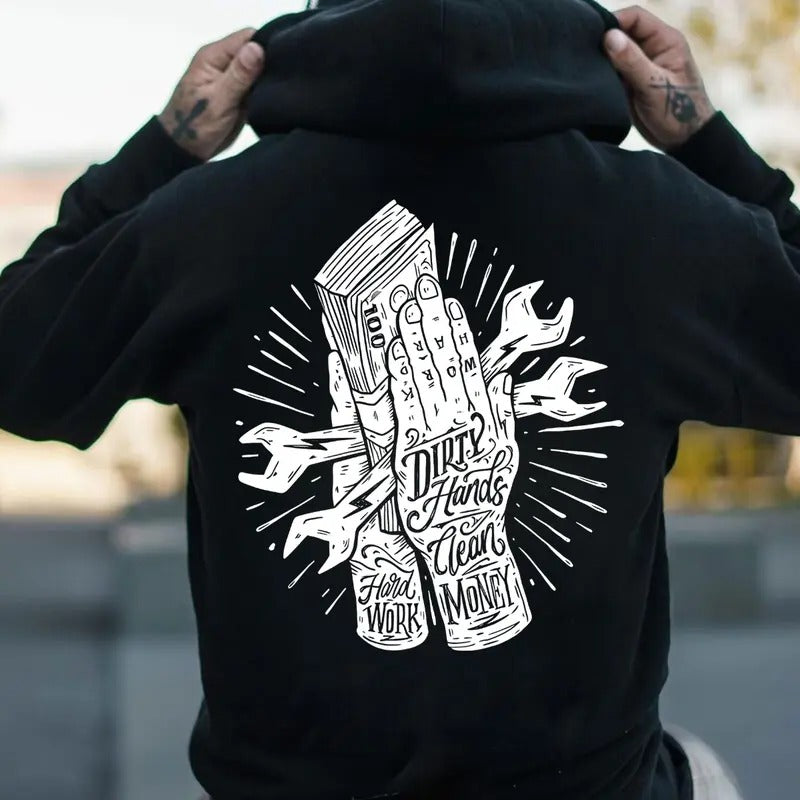 Troll Co Work Hard Dirty Hands Clean Money T-shirt Sweatshirt Hoodie, Trending Mechanic Unisex Shirt, Back Side Printed Workwear Streetwear
