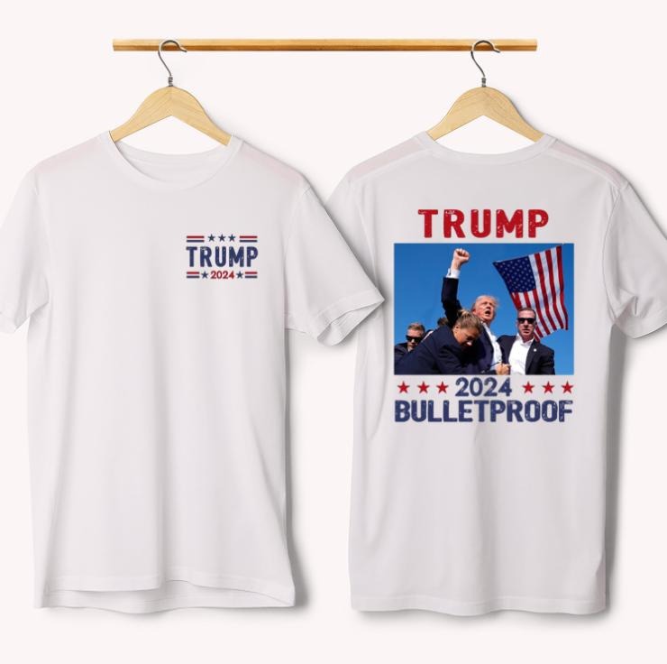 Trum 2024 Bulletproof Shirt, Praying for Presidet Trum Shirt, Bloodied Trum Fist Pumps, Trum Shooting Tee, Trum Assassination Tee Trum Shirts 2024, Double Sided Graphic Printed - Classic Cotton Short Sleeve Top for Men - Man Menswear Underwear Tshirt