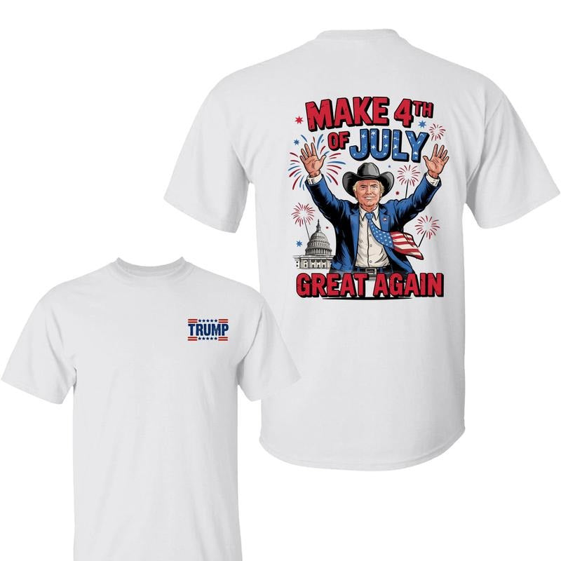 Trump Cowboy T-Shirt, "Make 4th of July Great Again" Graphic with Fireworks & Capitol, Patriotic Look for Independence Day, For Men, For Women