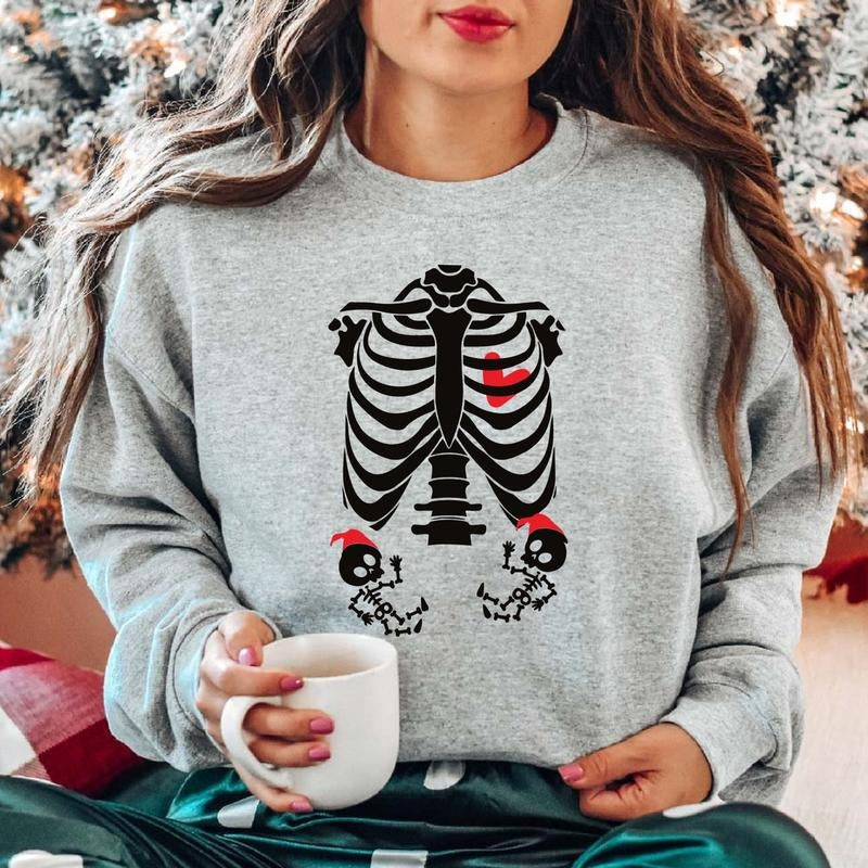 Twin Skeleton Christmas Maternity Sweatshirt, Funny Twin Pregnancy Announcement Sweater, New Mom To Be Gift Hoodie, Pregnant Wife Outfit.