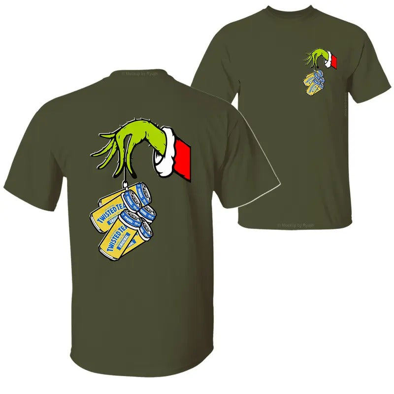 Twisted Tea Christmas Movie The Grin Hand T-Shirt, Christmas Green Guy Holding Twisted Tea Cans 2 Sided Graphic Printed Unisex Classic Cotton T-Shirts