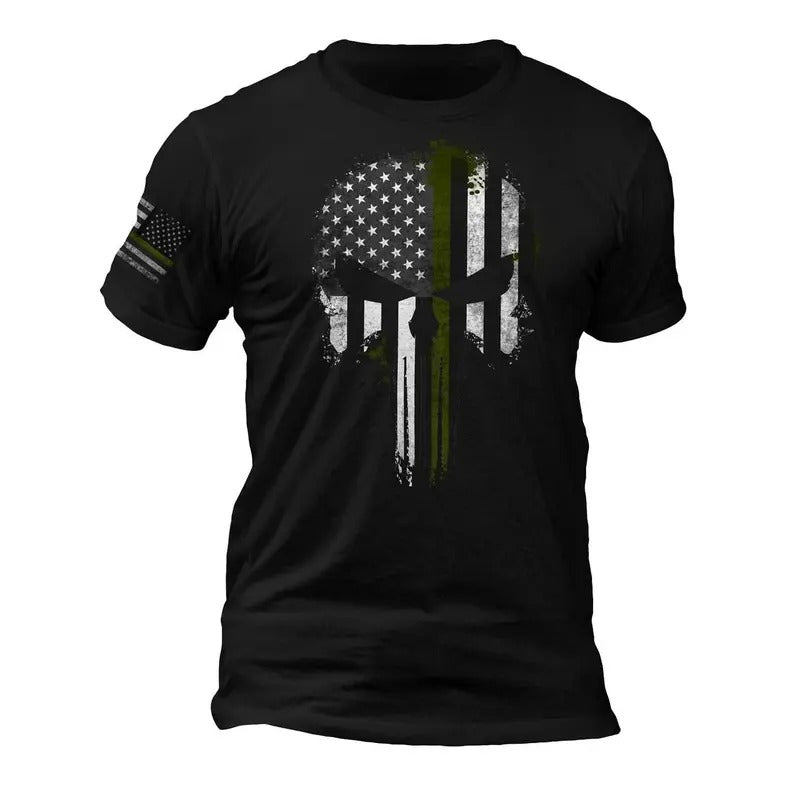 USA Patriotic Army Military Thin Green Line Flag Skull - Sleeve Flag T-Shirt, 100% Ring-spun Combed Cotton, Crew Neck, Casual, Classic Style Menswear Top