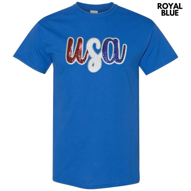 USA Red White & Blue Sequin Patch Gildan Short Sleeve T-Shirt